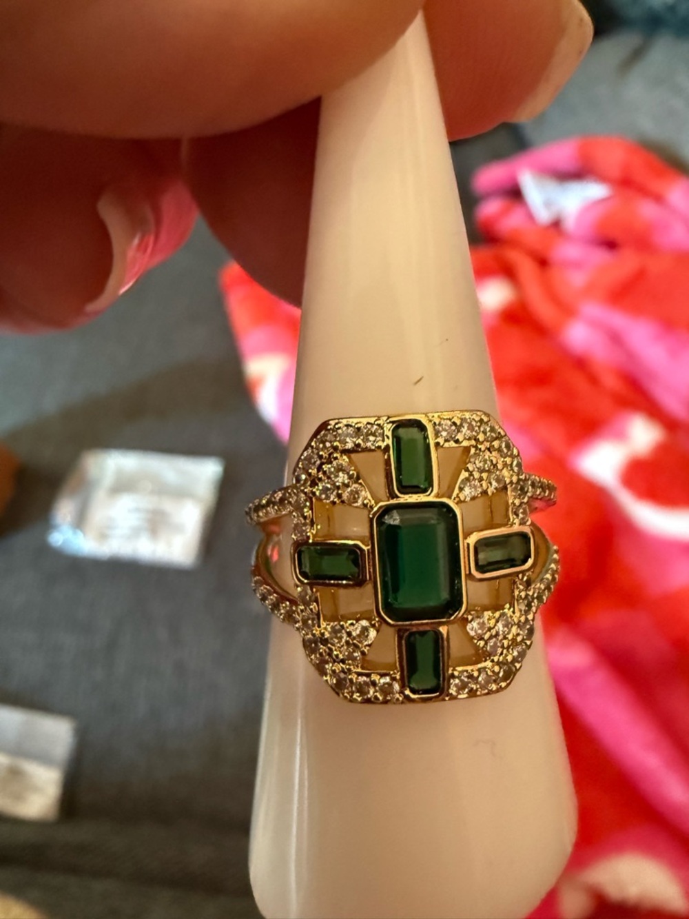 Gold-Tone Green Cabochon Statement Ring